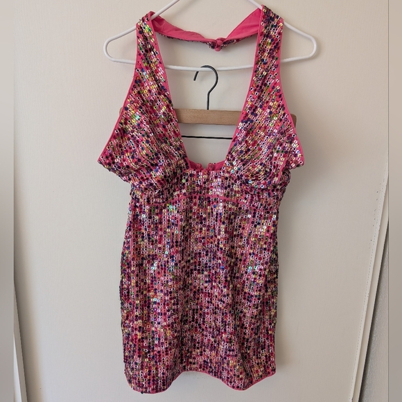 X By NBD Womens Medium NWT Halter Pink Sequin Mini Dress Cocktail Party Glam - Picture 2 of 8